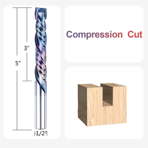 Compression Spiral Router Bit With One-Half Inch Shank Up Down Carbide CNC Bit For Wood Carving, Three-Inch Cutting Length, Five-Inch