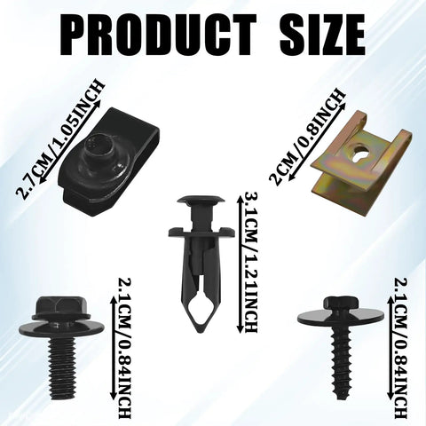 Dimensions of parts from 100 Piece Heavy Duty Auto Fastener Kit With Premium Steel Nylon Clips U Nuts Rivets for assembly.