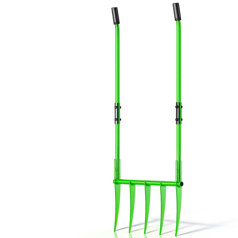 Heavy Duty Broadfork Garden Tool With Five Sharp Cambered 11 Inch Tines 56 Inch Unibody Shaft Unbreakable Construction Ergonomic Handles Easy Assembly Cultivator And Tiller For All Soil Types Durable Green