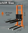 Electric Pallet Stacker With Fixed Legs For Lifting Heavy Loads Up To 1300 Lbs And 63 Inches High, showing dimensions and lift height.