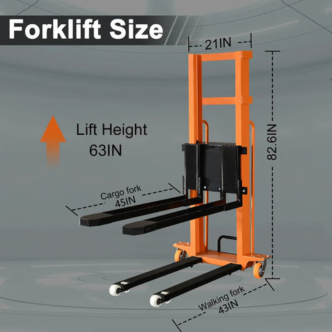 Electric Pallet Stacker With Fixed Legs For Lifting Heavy Loads Up To 1300 Lbs And 63 Inches High, showing dimensions and lift height.