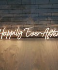 Two Piece Dope Happily Ever After LED Neon Light Sign Set Warm White With Dimmer, mounted on wall, text "Happily Ever After"