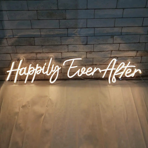 Two Piece Dope Happily Ever After LED Neon Light Sign Set Warm White With Dimmer, mounted on wall, text "Happily Ever After"