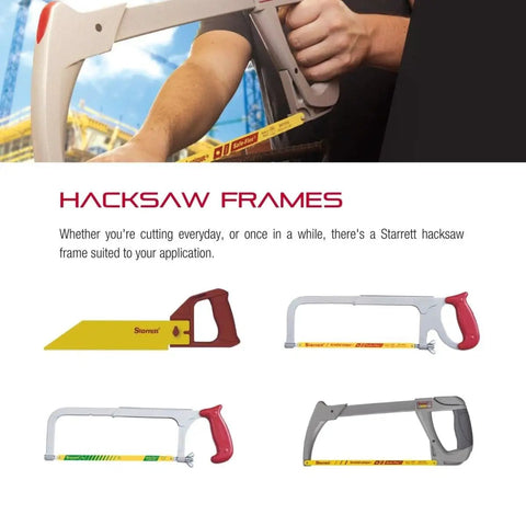 Person using Beefy High Tension Hacksaw Frame With Bi-Metal Safe-Flex Blade, 28000 PSI Tension, 12-Inch Blade, 4-3/8-Inch Throat.