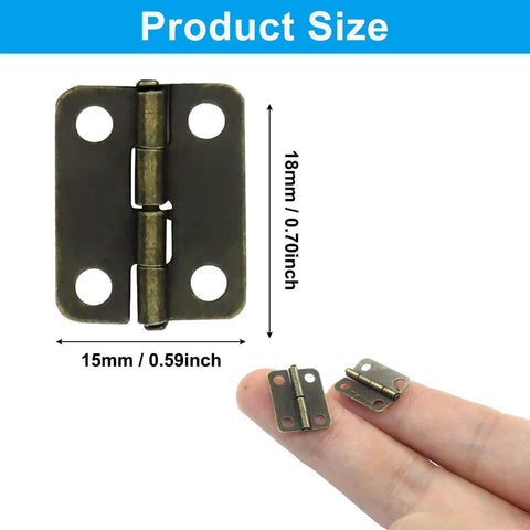 Bronze Mini Hinge Set for Wooden Boxes and Tiny Doors, 18 x 15mm, 50 Pcs with Screws, Durable Iron Construction size comparison