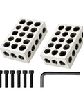 Two silver metal 1-2-3 inch machinist setup blocks with 23 holes each, plus six screws and an Allen key.
