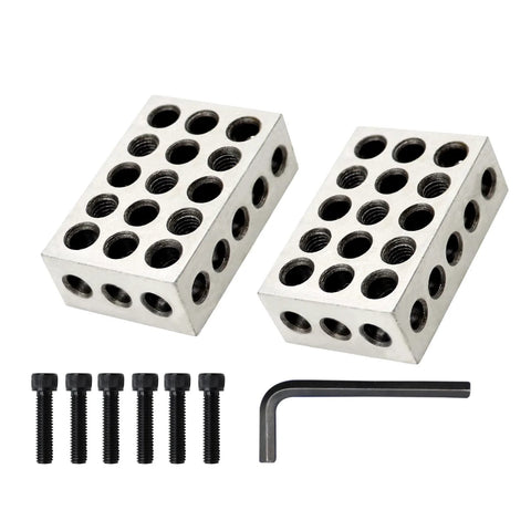 Two silver metal 1-2-3 inch machinist setup blocks with 23 holes each, plus six screws and an Allen key.