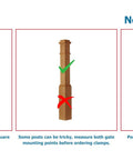 Compatibility guide showing suitable and unsuitable post types for Gate Installation Kit For Stairways 36 Inch Banister Clamp Set Easy Mount.