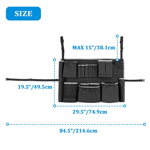 Badass Utility Trash Can Caddy Bag With Dope Storage Pockets For 32 To 55 Gallon Garbage Bins And Slick Adjustable Straps. Size measurements shown.