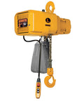 Heavy Duty Three Phase Electric Chain Hoist With Hook Mount, 5 Ton Capacity And 20 Foot Lift, yellow hoist with control pendant.
