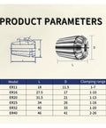 High Precision Spring Collet Set For Milling Tapping And Carving With Durable Steel Construction To Hold Tools Securely In ER11 ER16 ER20 ER25 Sizes For Your Workshop Projects Today product parameters chart.