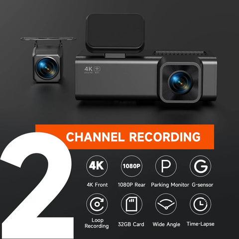 4K Front And Rear Dash Cam For Cars With Night Vision Dual Channel 170 Degree Wide Angle 1.97 Inch IPS Screen G Sensor Display