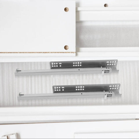 Beefy Heavy Duty Drawer Slides With Silent Hydraulic Damping For Smooth Soft Close, Cold Rolled Steel Wear Resistant Rails For Containers And Storage Cabinets on white cabinet
