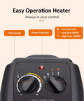 Close-up of control panel on compact ceramic space heater with 1500W and 900W modes, showing thermostat and power indicator.