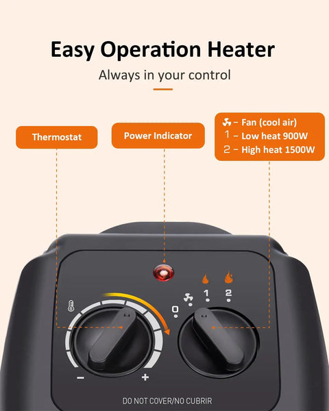 Close-up of control panel on compact ceramic space heater with 1500W and 900W modes, showing thermostat and power indicator.