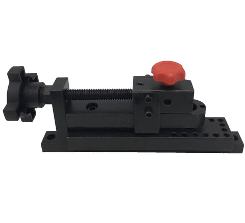 Pro Grade Handy Manual Bench Mounted Mini Universal Bending Bender with hardened tool steel, side view with red handle