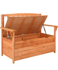 Outdoor Wood Storage Bench With Seating And Armrests Large Deck Box For Garden Patio Porch Backyard Poolside Waterproof Weatherproof Organizer Loveseat Natural Finish Dual Purpose Bench With Hidden Storage open view