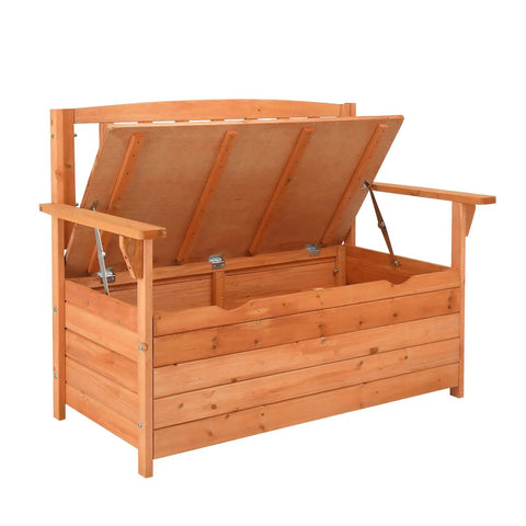 Outdoor Wood Storage Bench With Seating And Armrests Large Deck Box For Garden Patio Porch Backyard Poolside Waterproof Weatherproof Organizer Loveseat Natural Finish Dual Purpose Bench With Hidden Storage open view