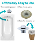 Steps to use Large Disposable Hair Catcher Strainers for Bathroom Sink And Bathtub Drain 25 Pack White, illustration showing easy installation.