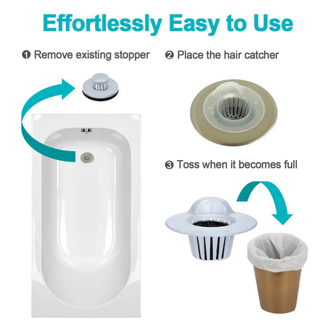 Steps to use Large Disposable Hair Catcher Strainers for Bathroom Sink And Bathtub Drain 25 Pack White, illustration showing easy installation.