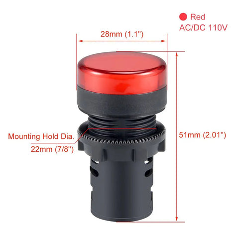 Five Pack Red LED Indicator Lights For AC DC 110V, Flush Mount Panel, 28mm red cap, side view, showing 22mm hole size