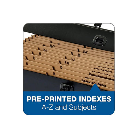 Heavy Duty Legal Size File Organizer Box With 19 Deep Pockets And Reinforced Mylar Gussets, showing pre-printed A-Z index dividers.
