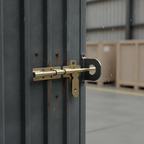 Rock Solid Slide Bolt Gate Latch Rust Proof Galvanized Steel Hardware With Tight Strike Plate For Outdoor Barn Shed Door Lockdown Guard And No Sweat Weather Shielding on a metal door.