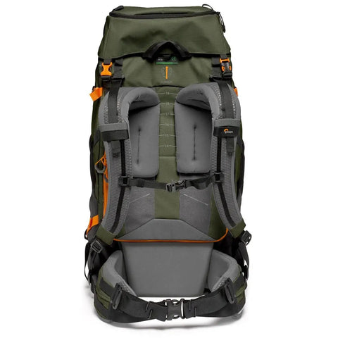 Back view of PhotoSport Pro 55L AW IV Camera Backpack for Mirrorless and DSLR gear, padded straps, green with all-weather protection.