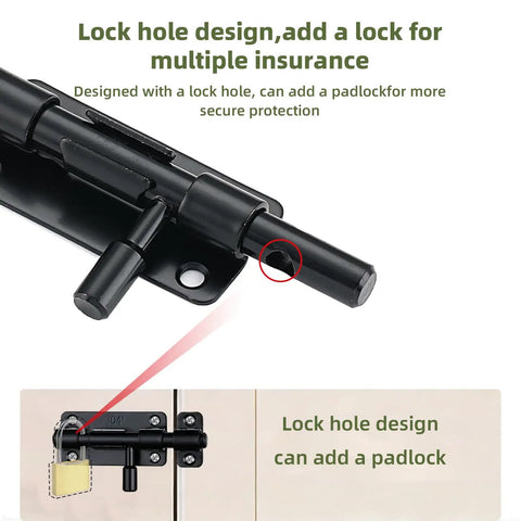 Heavy Duty Door Barrel Slide Bolt Latch Rock Solid 304 Stainless Steel Rust Proof Gate Lock with lock hole for padlock use.