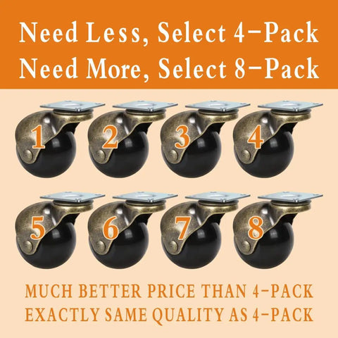 Vintage 2 Inch Ball Caster Wheels For Furniture Antique Brass Swivel Plate Castors shown in 8-pack arrangement.