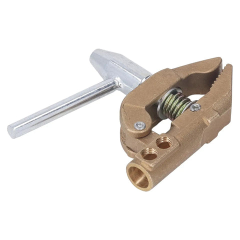 Brass Grounding Welding Clamp With Rubber Sleeve, 800A Capacity, 32mm Jaw, showing side view with metal handle and jaw details