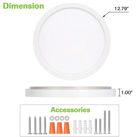 Hella Bright 13 Inch LED Flush Mount Ceiling Light With Night Light Low Profile Round Flat Panel showing dimensions and accessories
