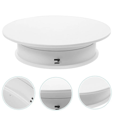 Must Have Electric Rotating Display Turntable With 360 Degree Spin, Auto Speed Control, And Suede Base, white base design.