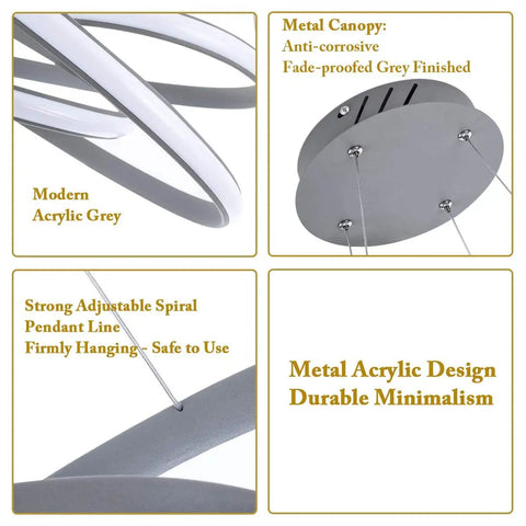 Modern LED Ring Pendant Light Fixture For Dining Rooms And Kitchen Islands, shows grey acrylic design and anti-corrosive canopy