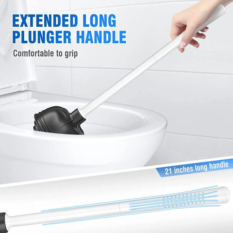Person using Beast Mode All Angle Heavy Duty Toilet Plunger With Holder Fits 3.5 To 6 Inch Drains, showing extended 21-inch handle.
