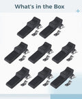 Flexible Rubber Draw Latch Set, 8 Pieces, 3.9 Inch, black latches and metal parts displayed in a box layout.