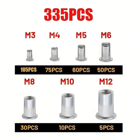 335 Piece Rivet Nut Kit With Seven Metric Sizes M3 To M12, Embedded Rivet Nuts for Cars, Boats, Home Projects, Carbon Steel Zinc Plated