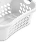 Close-up of Six Pack HipHold Laundry Basket 1.25 Bushel White Contoured Plastic Hamper With Ventilated Holes and Grip Handles.
