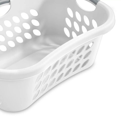 Close-up of Six Pack HipHold Laundry Basket 1.25 Bushel White Contoured Plastic Hamper With Ventilated Holes and Grip Handles.