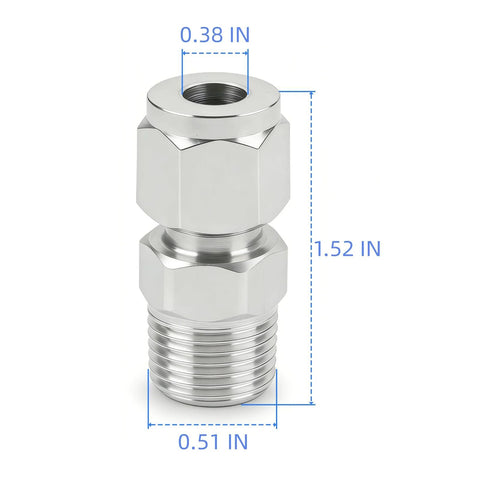 Front view: Closmos 304 stainless steel compression fitting, 3/8 in tube OD x 1/4 in NPT male, straight adapter, 2-pack