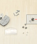 No Drilling Heavy Duty Clamp Alloy Hinge for Glass Cabinet Doors with screws and components on a wooden surface