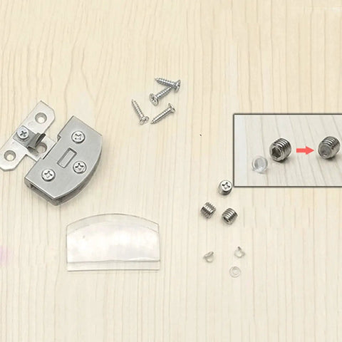 No Drilling Heavy Duty Clamp Alloy Hinge for Glass Cabinet Doors with screws and components on a wooden surface