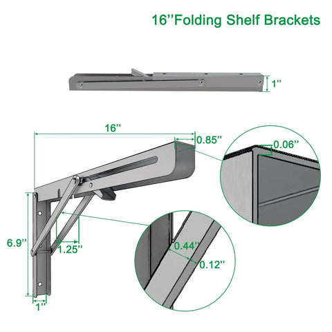 16 Inch Folding Shelf Brackets Set 4 Pack Heavy Duty Stainless Steel Wall Mounted L Shelf Brackets Max Load 550 Lb diagram
