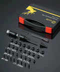 Rechargeable Green Laser Bore Sight Kit with 32 adapters and case displayed on a black surface.