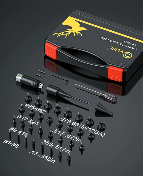 Rechargeable Green Laser Bore Sight Kit with 32 adapters and case displayed on a black surface.