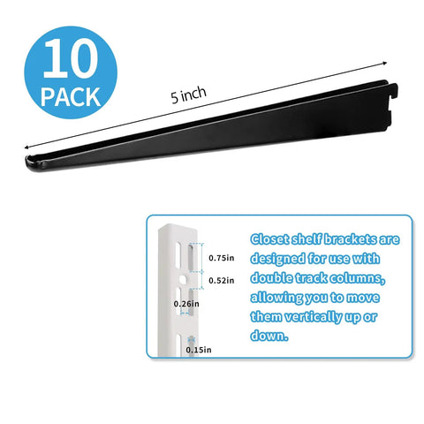 Ten Pack 5 Inch Adjustable Wire Shelf Brackets For Beefy Heavy Duty Closet And Wall Shelving System, black, shows measurement guide.