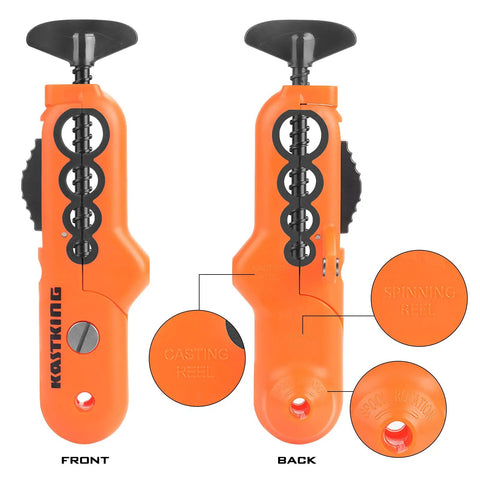 Radius Must Have Fishing Line Spooler With Patent Pending Design For Spinning And Casting Reels Twist Free Line Spooling On The Go Portable Compact Spool Holder One Quarter Pound Capacity Soft Touch Clamps Protect Rod Blanks Adjustable Tension Bands, front and back