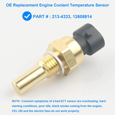 Coolant temperature sensor (ECT) with brass body, hex nut, threaded shaft, and black plastic connector