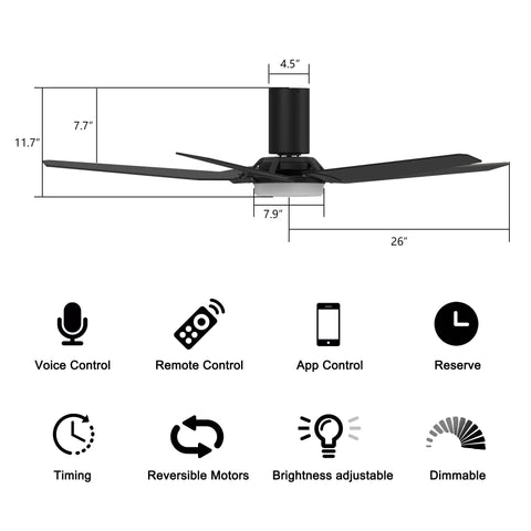 Diagram of 52 Inch Black Ceiling Fan With Lights For Indoor And Outdoor Use Remote Control Smart Fan features and measurements