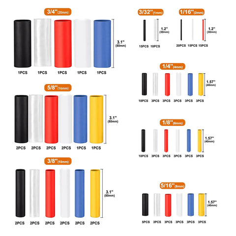 Extra Long Heat Shrink Tubing Kit 172 Pcs, 40 Sizes, 2 To 1 Shrink Ratio, 1mm To 20mm Diameter, multi-color tubes.